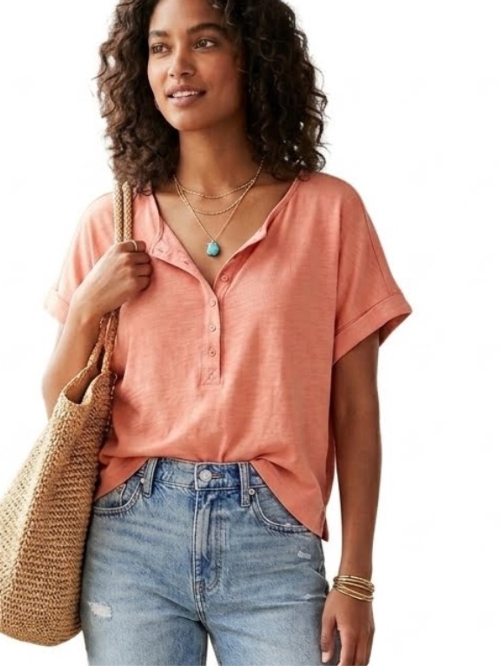 Old Navy Slub-Knit Short Sleeve Henley Top T-Shirt Boxy Coral Pink Relaxed Sz XL